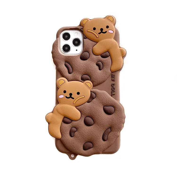 Cute Cartoon Cookie Bear Lanyard Phone Case For iPhone 16 15 14 13 12 11 Pro Max X XR XS 6 7 8 Plus Shockproof Protective Cover