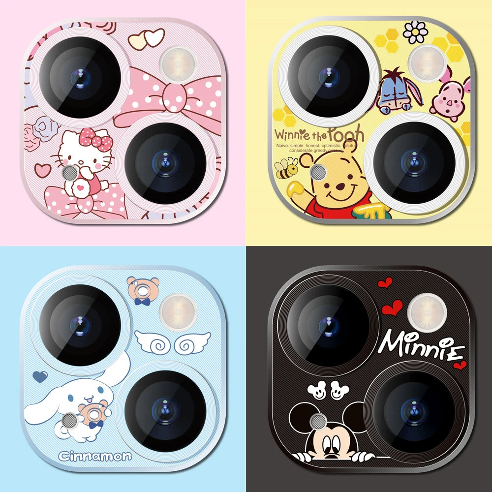 3D Metal Camera Lens Glass Protector for iPhone 11 12 13 Mini 14 Plus 15 Pro Max Kitty Cinnamorollll Mickeyy Stitchh Duffy