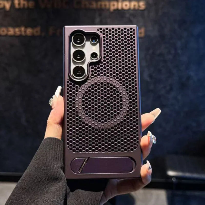 Person holding a textured phone case with a blurred background