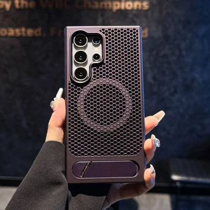 Person holding a textured phone case with a blurred background