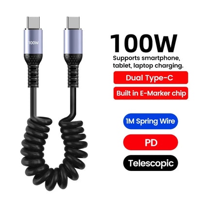 20CM To 1M Car Spring Cable 66W Short Fast Charging Wire Type C TO Type C Cable For iPhone 15 Huawei Xiaomi Samsung USB C Cable
