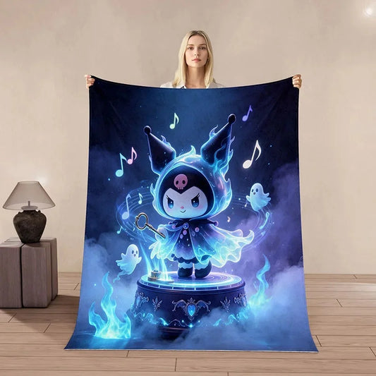 A woman holds up a large blanket or tapestry featuring a glowing cartoon character in a dark blue and purple fantasy scene with musical notes and ghosts, shown in a room setting.