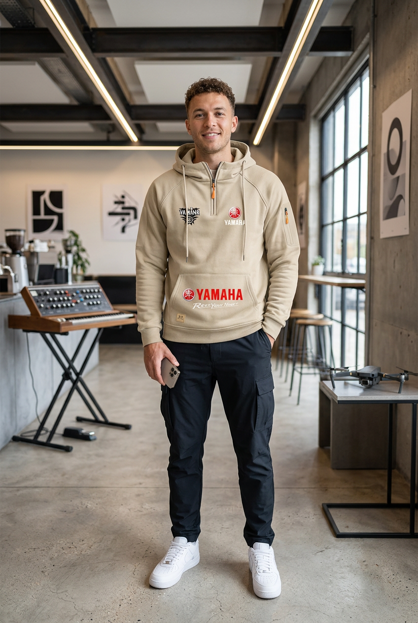 2026 Yamaha Autumn/Winter Retro Heavyweight Men’s Fleece Hooded Sweatshirt – Long-Sleeved Motorcycle Casual Jacket