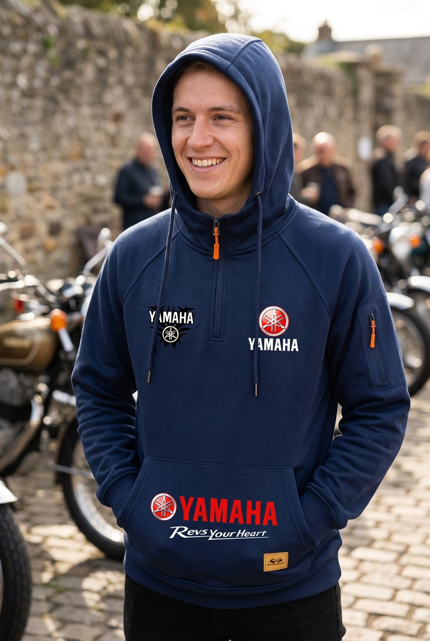 2026 Yamaha Autumn/Winter Retro Heavyweight Men’s Fleece Hooded Sweatshirt – Long-Sleeved Motorcycle Casual Jacket