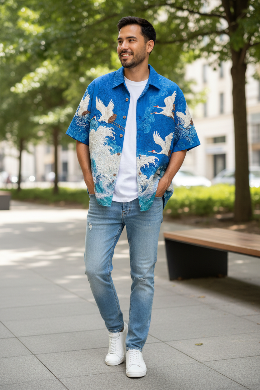 A man wearing a blue short-sleeve button-up shirt with a white and blue crane pattern, a white t-shirt, light-wash blue jeans, and white sneakers, walking on a paved outdoor path with trees in the background.