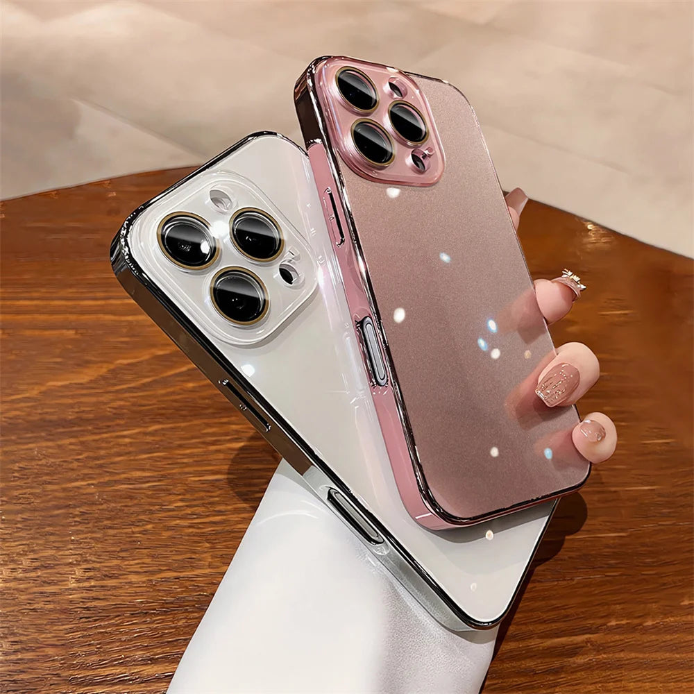Luxury Plating Bumper Armor Glossy Phone Case For iPhone 15 16 Pro Max 14 13 12 11 Crystal Glass Full Lens Protection Back Cover