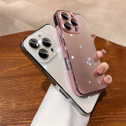 Luxury Plating Bumper Armor Glossy Phone Case For iPhone 15 16 Pro Max 14 13 12 11 Crystal Glass Full Lens Protection Back Cover