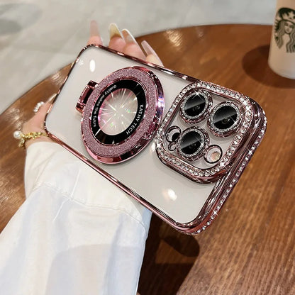 Luxury Glitter Rhinestone for Magsafe Bracket Case for iPhone 15 14 11 12 13 Pro Max Plus Bling Diamond Gradient Stand TPU Cover
