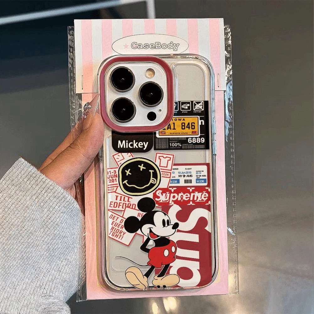 Cartoon Sticker Mickeyy Cute Phone Case For iPhone 15 14 13 12 11 Pro Max XR XS 7 8 Plus Soft Anti Drop Silicone Cover Y2k