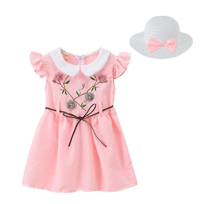 Girls Dress + Hat Chiffon Comfortable Children's Dress 2024 Summer Dress Floral Girls' Sleeveless Dress For Children 2PCS/Set