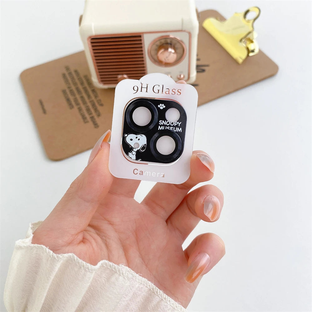 3D Metal Camera Lens Glass Protector for iPhone 11 12 13 Mini 14 Plus 15 Pro Max Kitty Cinnamorollll Mickeyy Stitchh Duffy