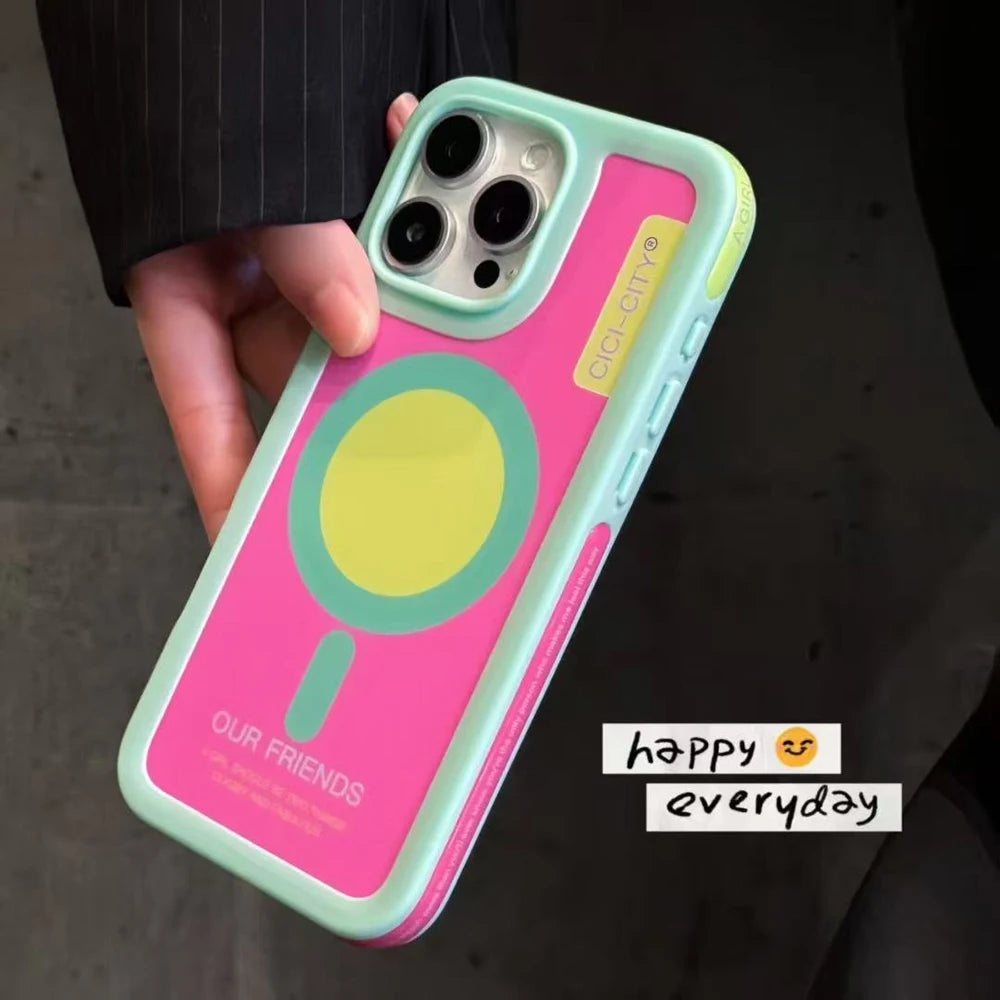 For iPhone 17 13 14 15 16 Pro Max Case Magsafe Happy Dapamine Color Anti-Collision Drop-proof Protective Cover for Summer Girls