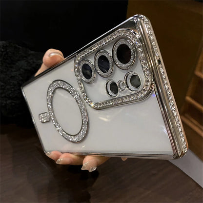 Transparent Plating Glitter Rhinestones Diamond for Magsafe Magnetic Case for Samsung S24 S23 S22 Ultra Plus Soft Silicone Cover
