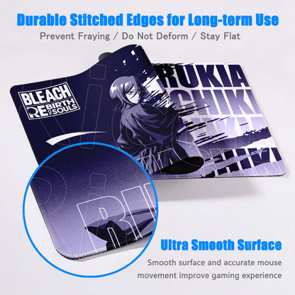 Mouse pad with character design and text, featuring durable stitching and smooth surface.