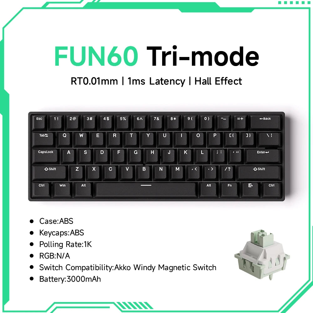 Akko MonsGeek FUN60 magnetic switch keyboard compact 60 percent black tri mode with magnetic switches and 3000mAh battery