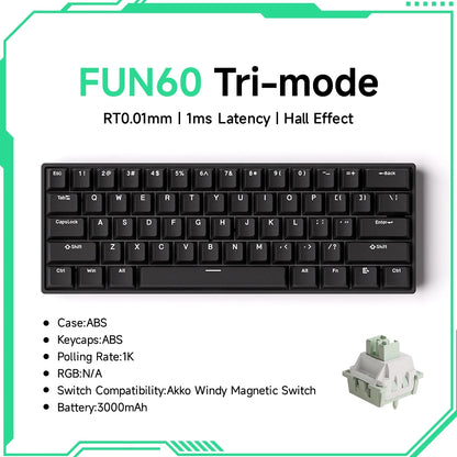 Akko MonsGeek FUN60 magnetic switch keyboard compact 60 percent black tri mode with magnetic switches and 3000mAh battery
