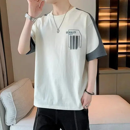 2025 Summer New Men's Short Sleeve T-Shirt Hong Kong Style Loose Fit Versatile Ice Silk Thin Clothing Youth Trendy