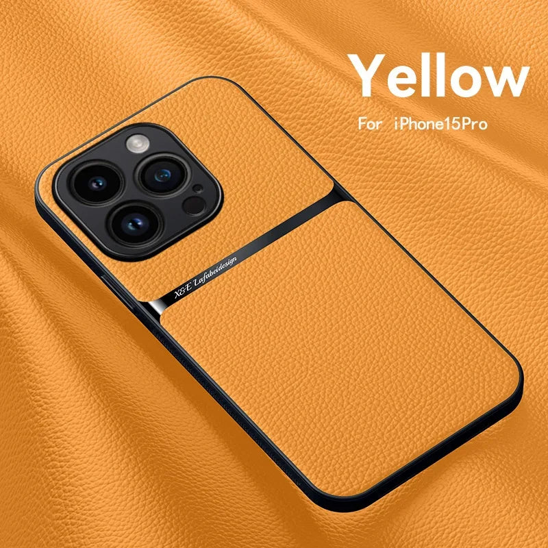 For iPhone15 Pro Max Luxury Leather Cover For iPhone 14 13 12 11 Plus Car Holder Case Magnetic Silicone Shockproof