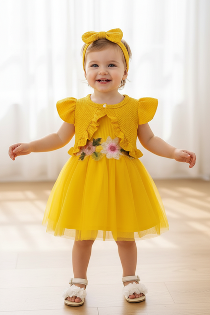 Child wearing a yellow dress with floral details and a matching headband, standing on a light wooden floor.