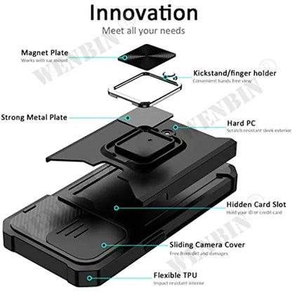 Case For iPhone 16 15 14 13 12 Pro Max Plus 8 7 Plus Mini SE Heavy Duty Protection With Sliding Camera Cover And Card Clip Cover