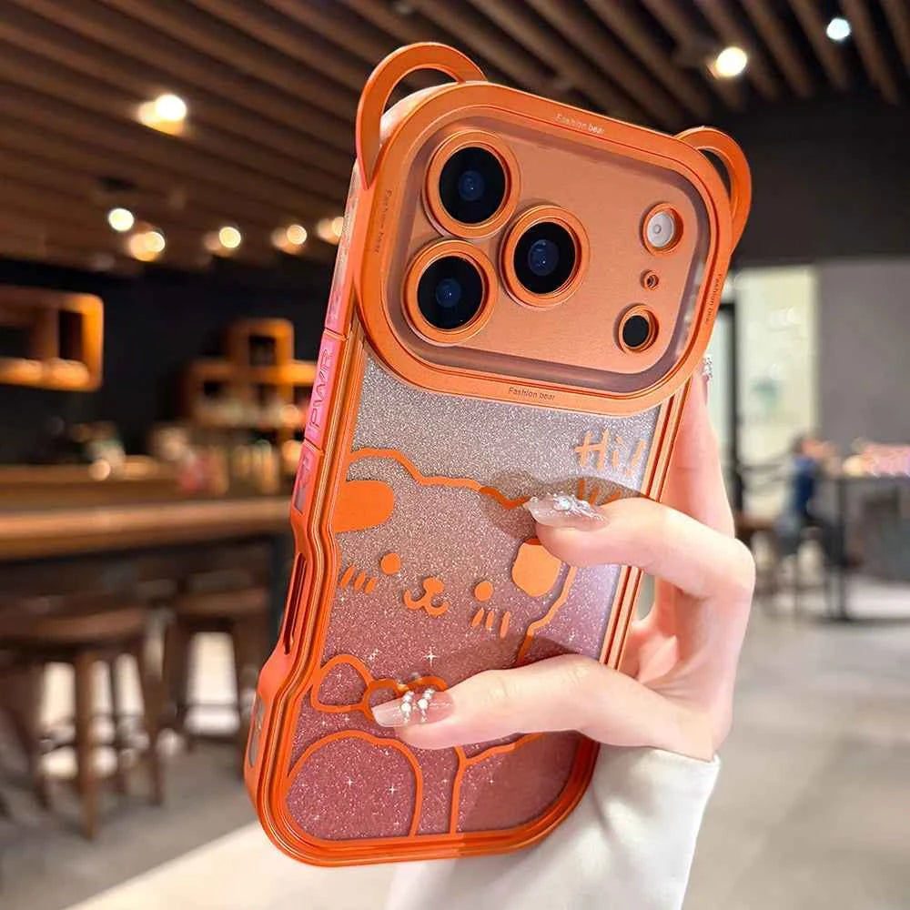 Orange Cute Bear Ear Plating Transparent Long Lanyard Case For iPhone 17 Pro Max 17Pro 17 Air Clear Soft TPU Shockproof Cover
