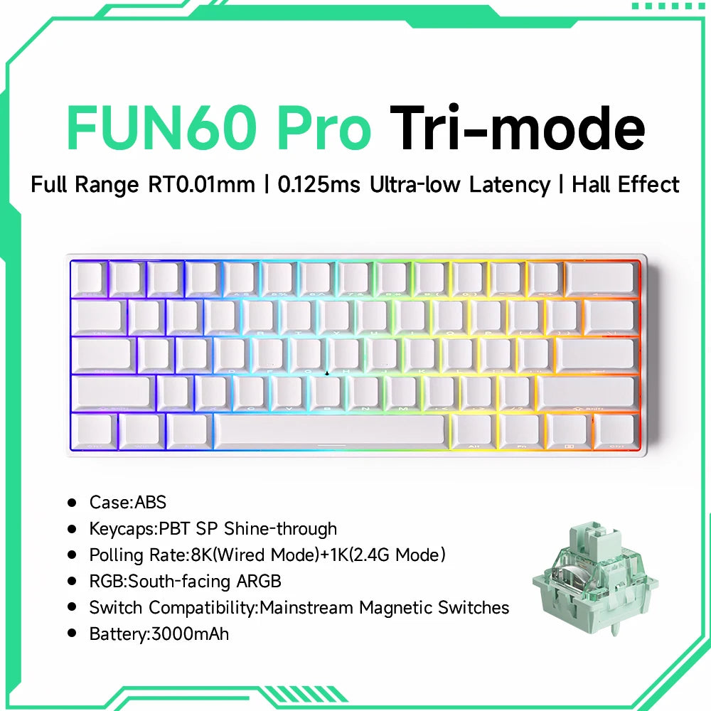 Akko MonsGeek FUN60 magnetic switch keyboard white 60 percent compact RGB tri mode with PBT shine through keycaps