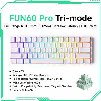 Akko MonsGeek FUN60 magnetic switch keyboard white 60 percent compact RGB tri mode with PBT shine through keycaps