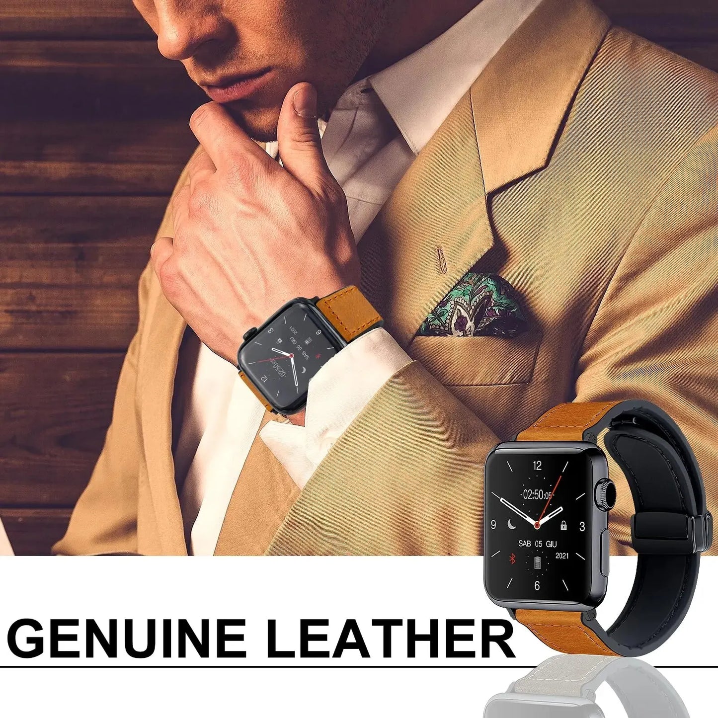 Magnetic for Apple watch ultra 2 band 49mm 44mm 40mm 45mm 41mm Genuine Leather+silicone bracelet iWatch series 9 8 7 6 se strap