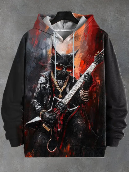 Hoodie with a graphic design of a cat playing guitar on a gray background