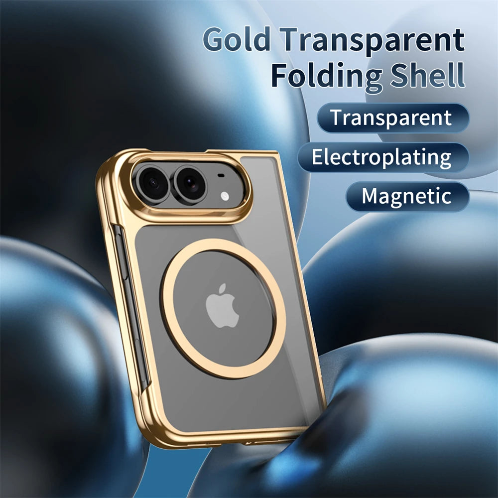 A transparent folding phone case with a gold metallic bumper and magnetic ring, shown on a smartphone. The image includes text overlays highlighting key features: 'Gold Transparent Folding Shell', 'Transparent', 'Electroplating', and 'Magnetic'.