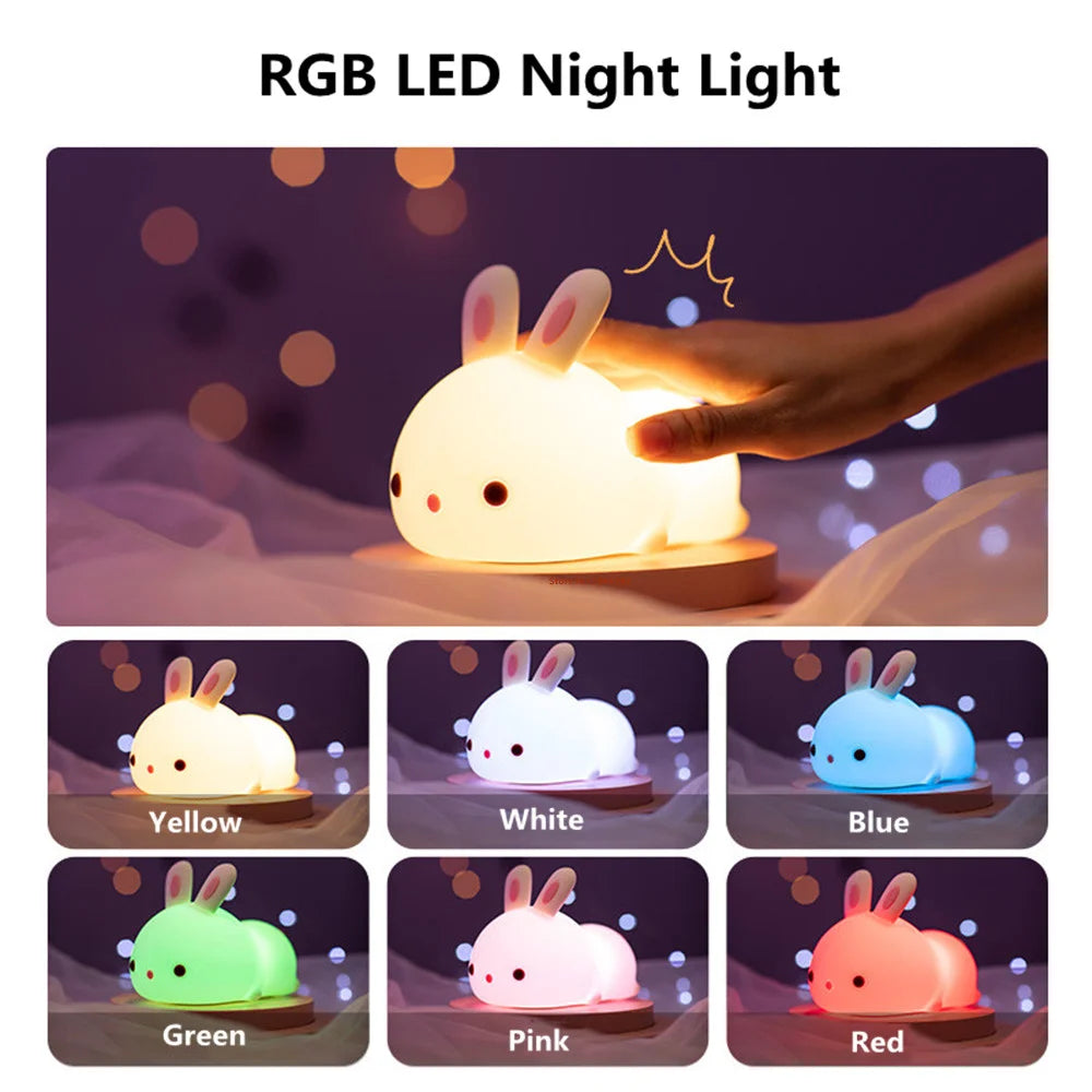 Touch Sensor RGB LED Rabbit Night Light 16 Colors USB Rechargeable Silicone Bunny Lamp for Children Baby Toy Festival Gift