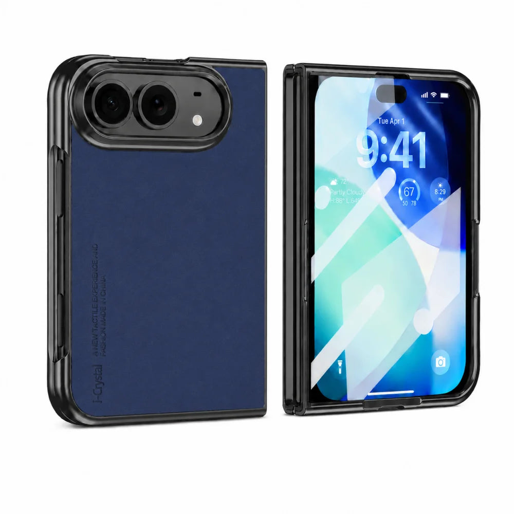 A dark blue and black protective phone case shown from both the back and front angles, displayed on a clean white background.