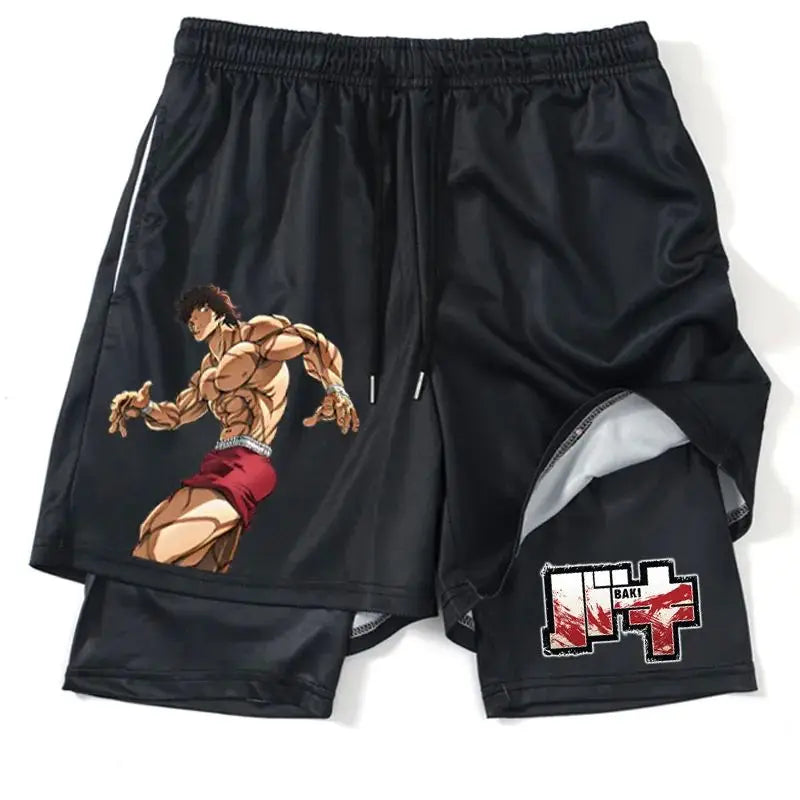Japanese Anime Print Shorts Man Women Summer New Double-Layer 2-in-1 Shorts Gym Fitness Running Sports Pants Quick-Drying Shorts