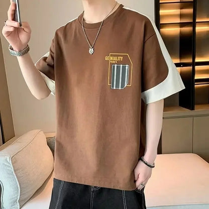 2025 Summer New Men's Short Sleeve T-Shirt Hong Kong Style Loose Fit Versatile Ice Silk Thin Clothing Youth Trendy