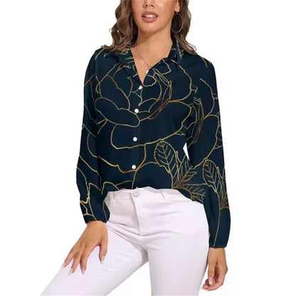Red Roses Blouse Ladies Shirts Floral Print Retro Pattern Blouses Woman Casual Loose Shirts Spring Summer Long Sleeve Blouses