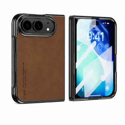 A brown leather-look protective case for a folding smartphone, shown from both the back and the front. The back features a textured brown leather panel with a black camera surround and small vertical text.