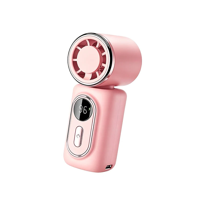 Pink handheld device with digital display on a white background