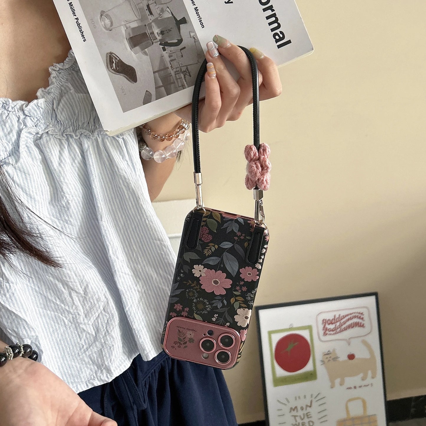 Ins Korean Camellia phone case suitable for iPhone 17 17Promax 16 15 14 13 Promax shock-absorbing strap hanging rope phone case