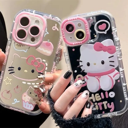 Cute Girl Cartoon Kawaii Hello Kitty Mirror Phone Case For iPhone 16 15 14 13 12 11 Pro Max XR XS MAX 7 8 Plus Y2K Lovely Cover