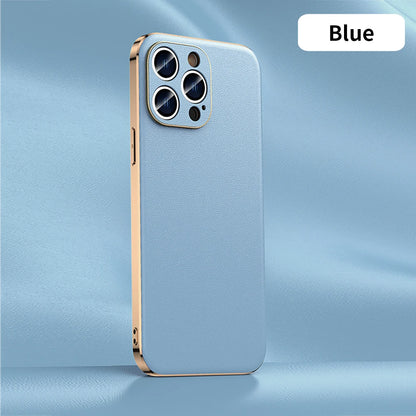 Genuine Cowhide Leather Phone Case for iPhone 16 15 11 12 13 14 Pro Max Luxury Plating Shockproof Lens Protection Back Cover