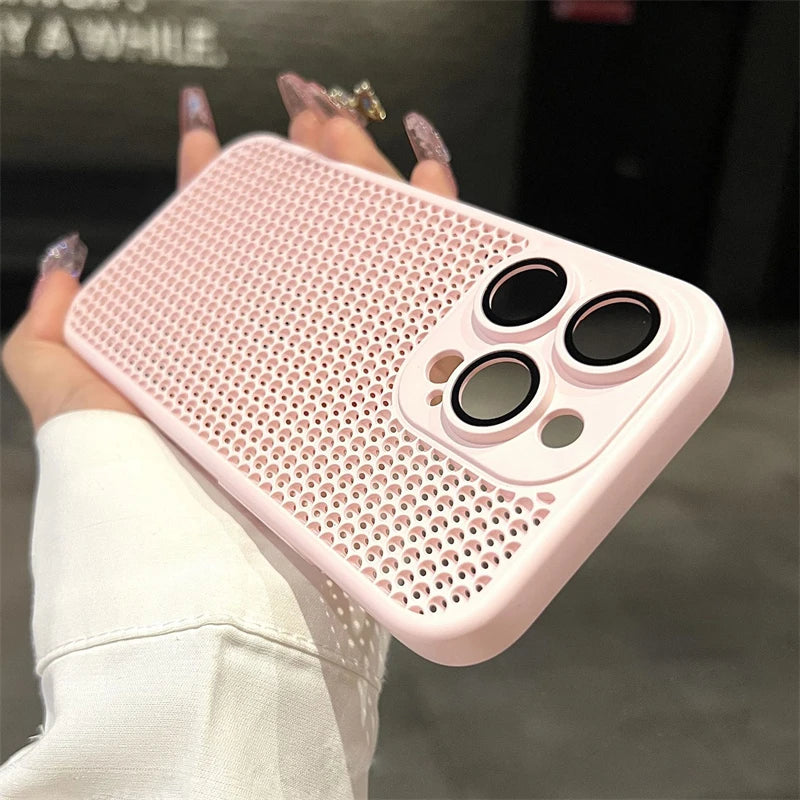 Original Heat Dissipation Breathable Mesh Hole Case For iPhone 16 15 14 11 12 13 Pro Max Plus Lens Protection Shockproof Cover