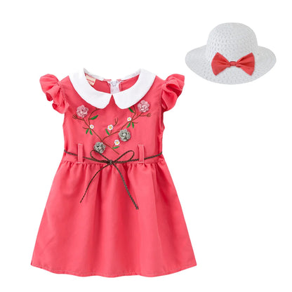 Girls Dress + Hat Chiffon Comfortable Children's Dress 2024 Summer Dress Floral Girls' Sleeveless Dress For Children 2PCS/Set