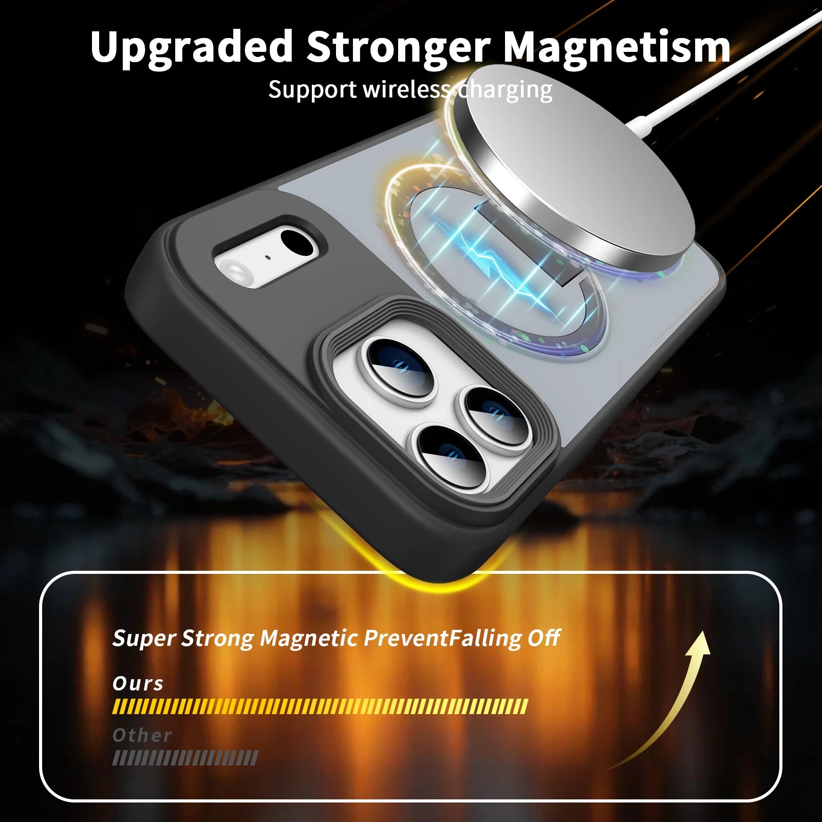 Phone case with magnetic feature and wireless charging support on a dark background