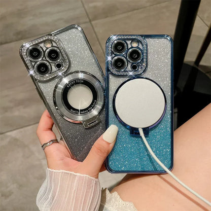 Luxury Glitter Rhinestone for Magsafe Bracket Case for iPhone 15 14 11 12 13 Pro Max Plus Bling Diamond Gradient Stand TPU Cover