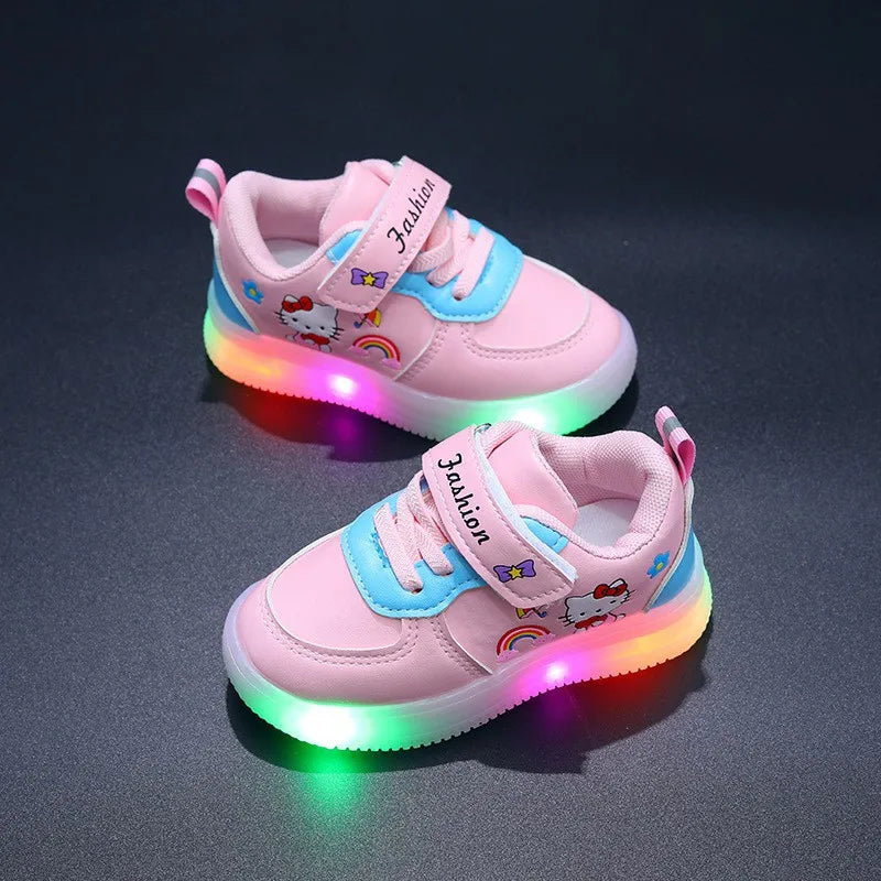 LED Kids Shoes for Girls Cute Cartoon Helloo Kitty Shoes Baby Girl Kawaii Canvas Shoes Soft Bottom Sneakers Casual Shoes