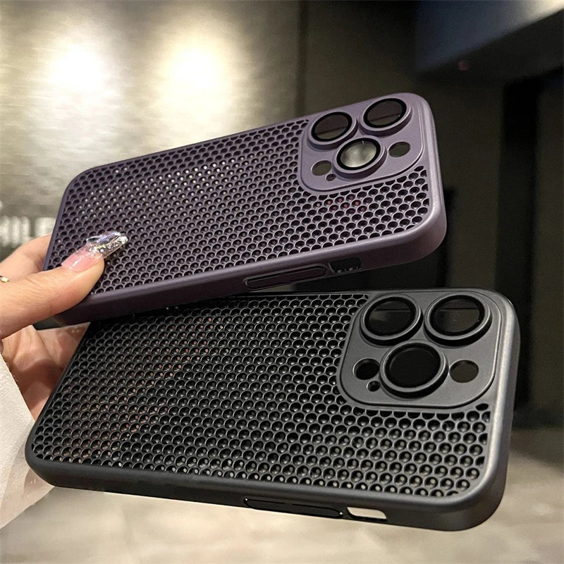 Original Heat Dissipation Breathable Mesh Hole Case For iPhone 16 15 14 11 12 13 Pro Max Plus Lens Protection Shockproof Cover