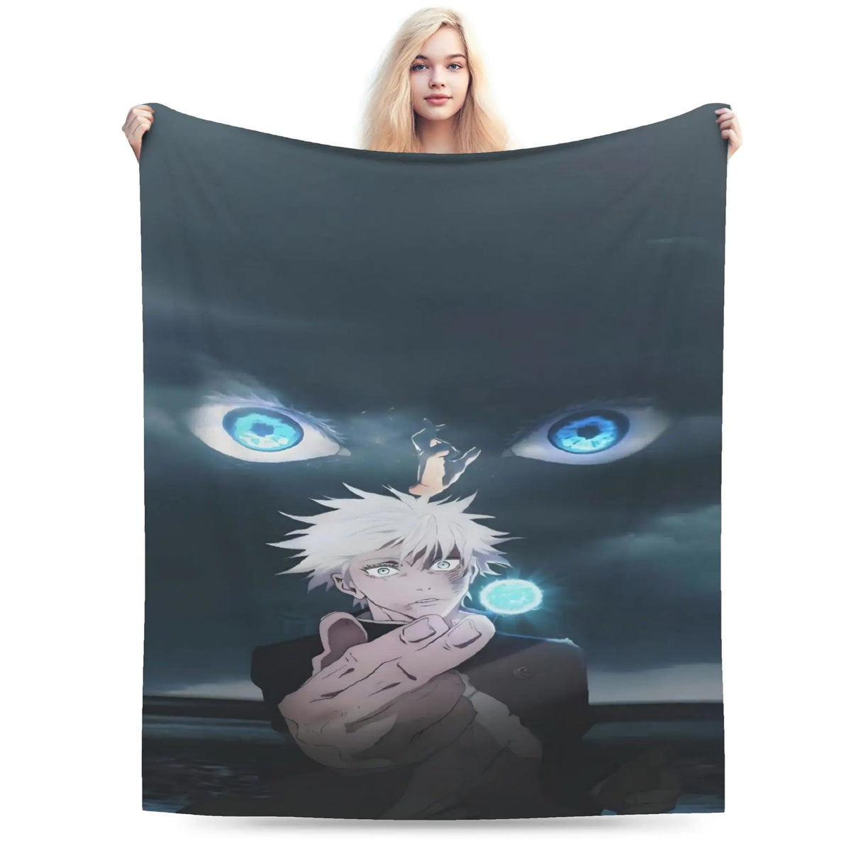 A woman holds up a large dark gray blanket or tapestry featuring an anime-style illustration of a white-haired character with glowing blue eyes and a small figure on his head, shown against a plain white background.