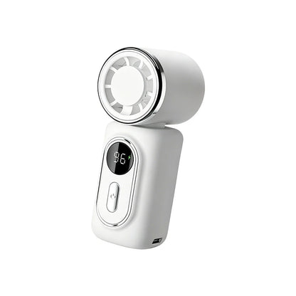 A white handheld electric fan with a circular silver trim and a digital temperature display showing 36 degrees Celsius, set against a plain white background.