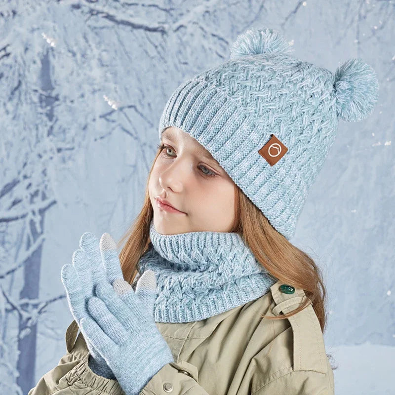 New Children Hats Scarf Gloves Set Cute Bear Colorful Knitted Hat Plus Velvet Warm Hoods Caps for Girls Baby Outdoor Accessories