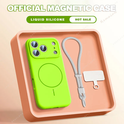 A bright lime green magnetic phone case shown inside a peach-colored tray, with a gray wrist strap and a small white tag beside it. Text at the top reads 'OFFICIAL MAGNETIC CASE' and 'LIQUID SILICONE HOT SALE'.